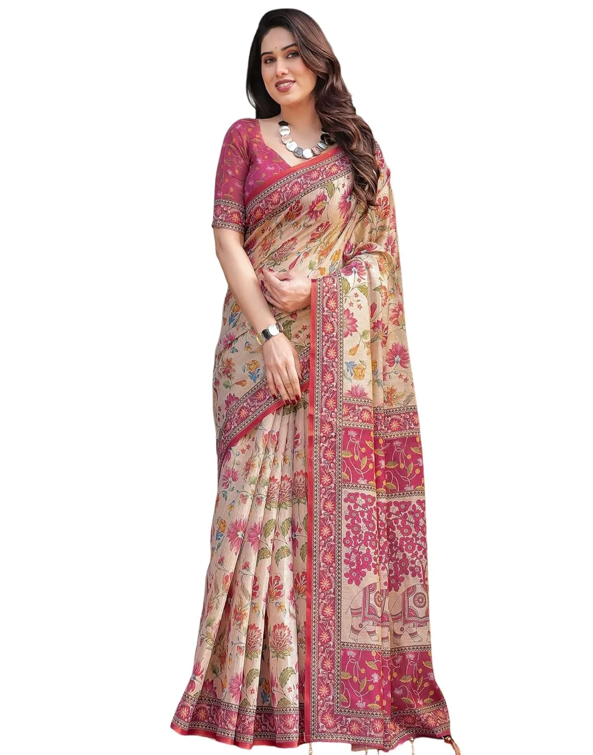 Womens Cotton Linen Floral Printed Handloom Saree with Unstitched Blouse Piece