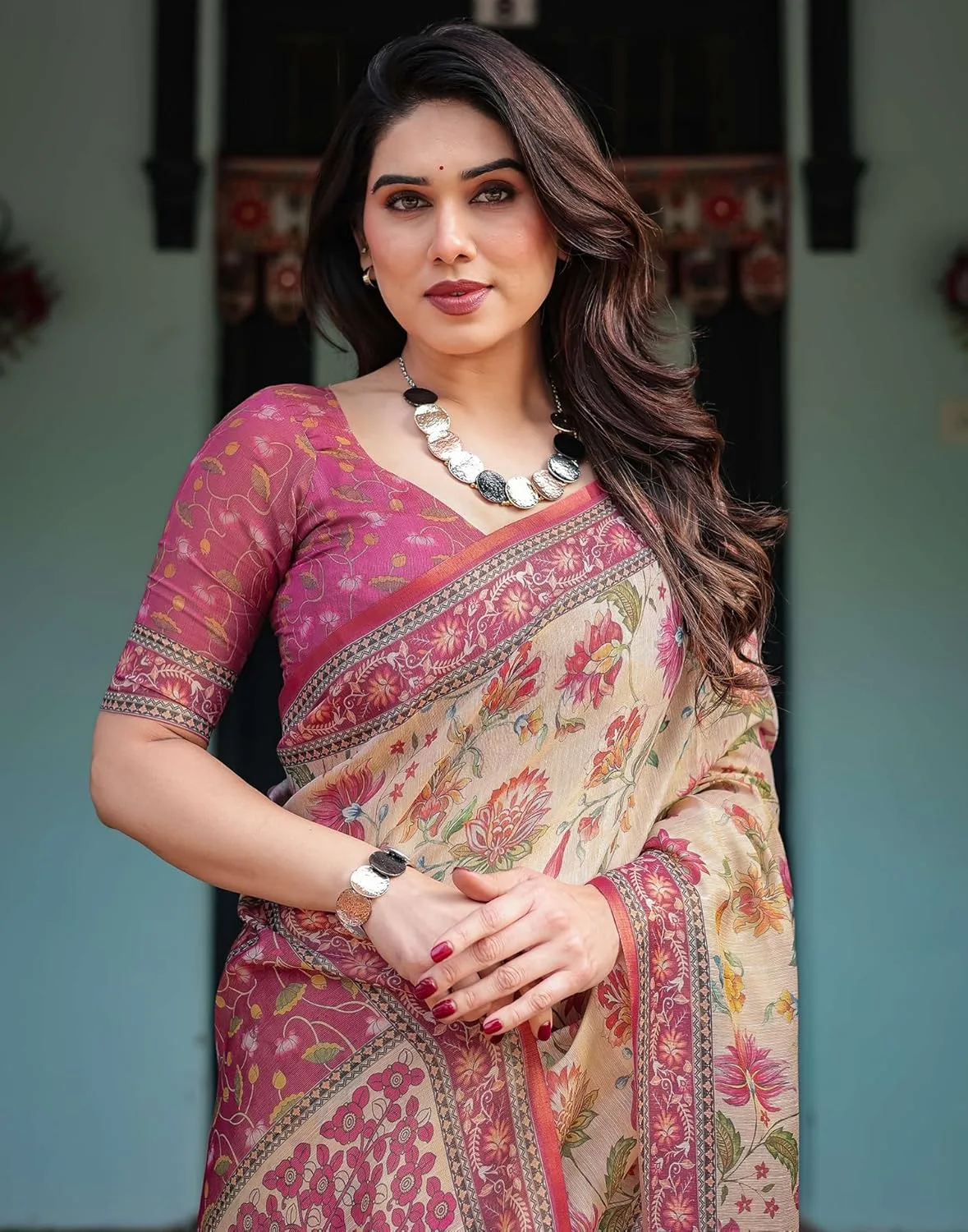 Women's Cotton Linen Floral Printed Handloom Saree with Unstitched Blouse Piece image 3