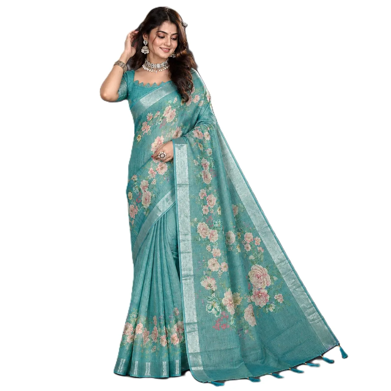 Women's Cotton Linen Saree with Floral Print & Woven Border | Soft Lightweight Traditional Saree for Party, Festive, Casual & Office Wear with Unstitched Blouse Piece