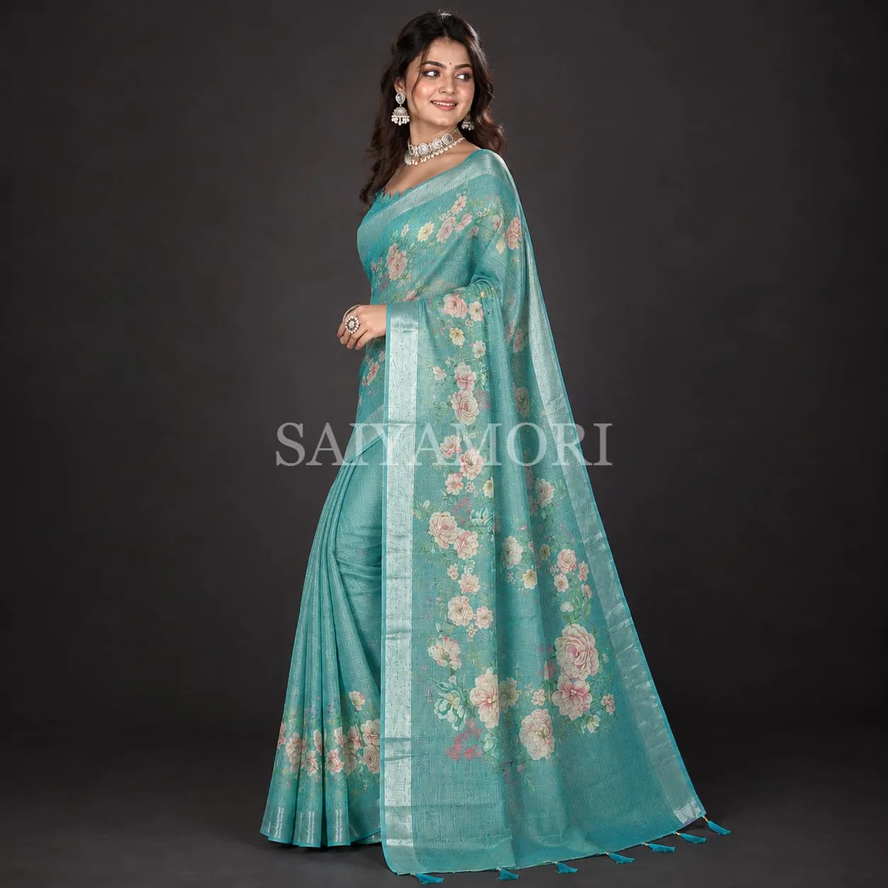 Women's Cotton Linen Saree with Floral Print & Woven Border | Soft Lightweight Traditional Saree for Party, Festive, Casual & Office Wear with Unstitched Blouse Piece image 2