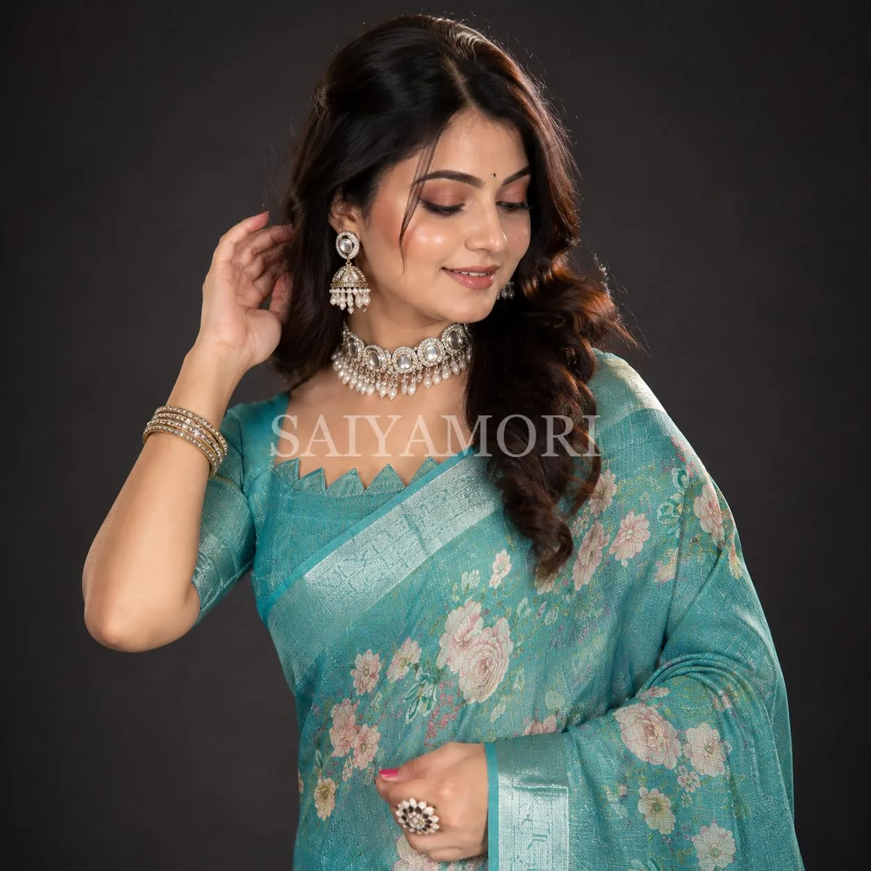 Women's Cotton Linen Saree with Floral Print & Woven Border | Soft Lightweight Traditional Saree for Party, Festive, Casual & Office Wear with Unstitched Blouse Piece image 3