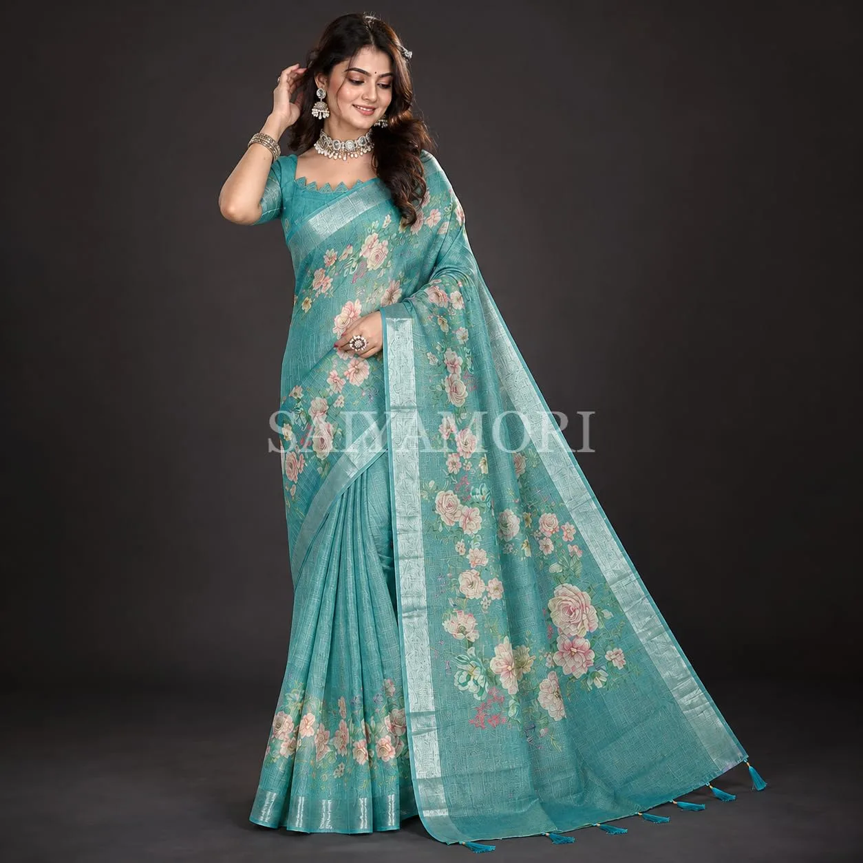 Women's Cotton Linen Saree with Floral Print & Woven Border | Soft Lightweight Traditional Saree for Party, Festive, Casual & Office Wear with Unstitched Blouse Piece image 4