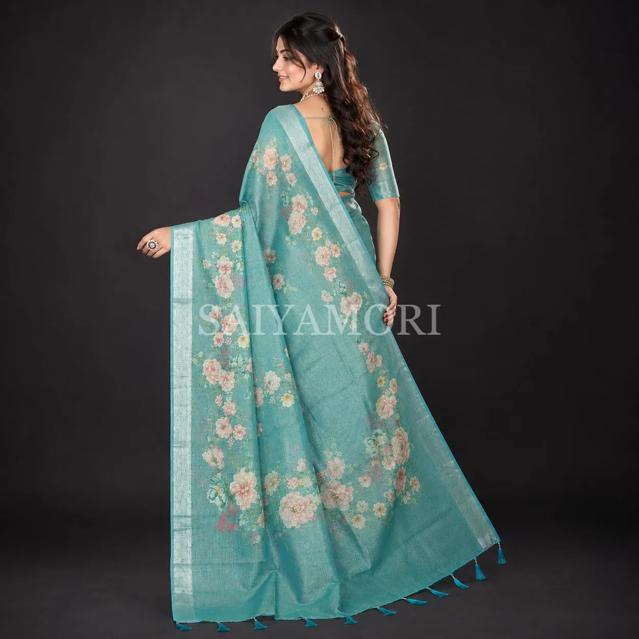 Women's Cotton Linen Saree with Floral Print & Woven Border | Soft Lightweight Traditional Saree for Party, Festive, Casual & Office Wear with Unstitched Blouse Piece image 5