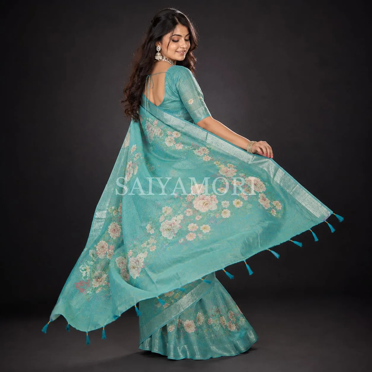 Women's Cotton Linen Saree with Floral Print & Woven Border | Soft Lightweight Traditional Saree for Party, Festive, Casual & Office Wear with Unstitched Blouse Piece image 7