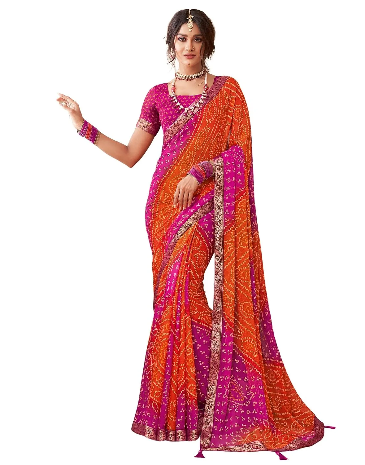 Women's Chiffon Bandhani Printed Saree With Unstitched Blouse