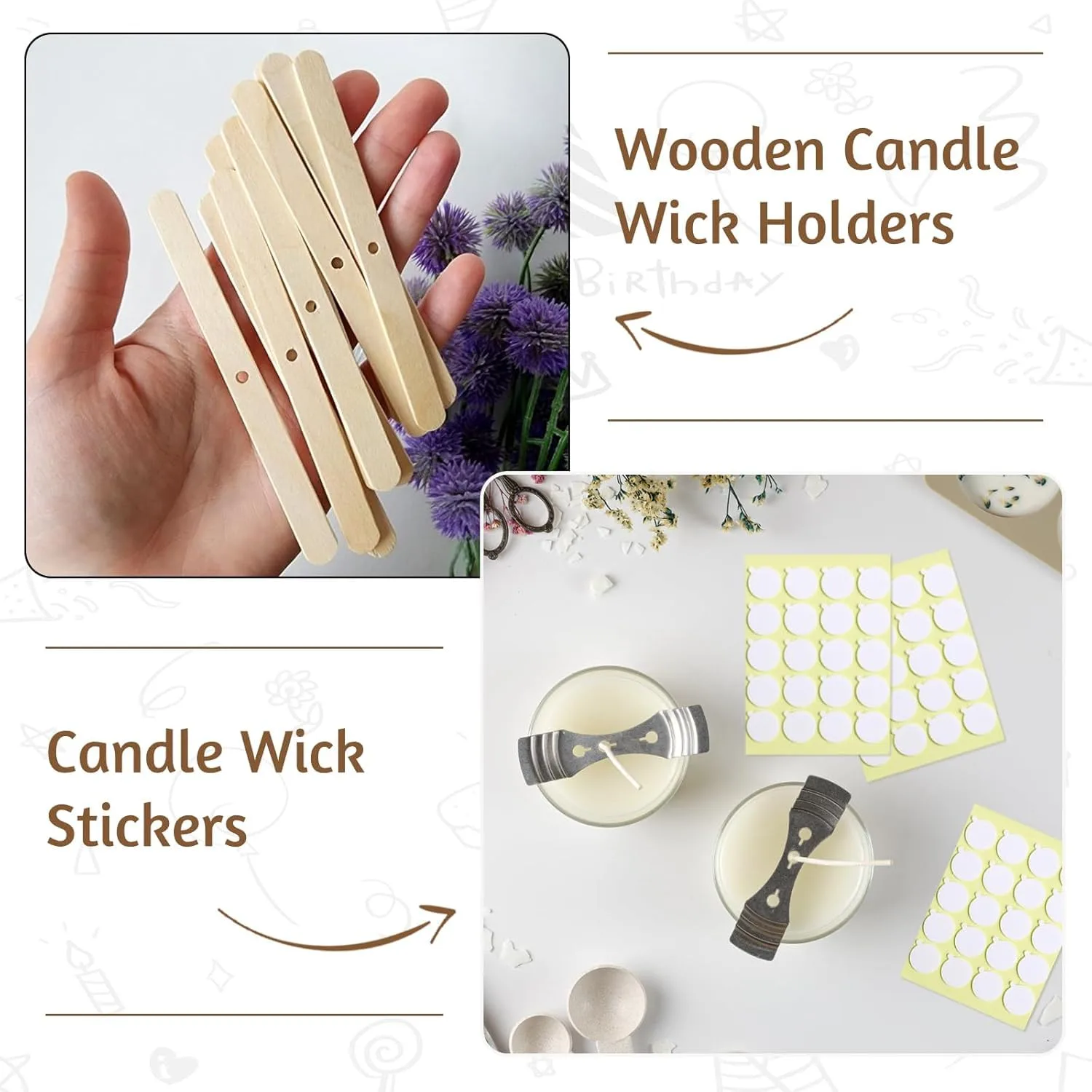 Candle Making Kit, 50 Cotton Wicks 4"(10 cm), 54 Wick Stickers, 10 Wooden Wick Holders image 4