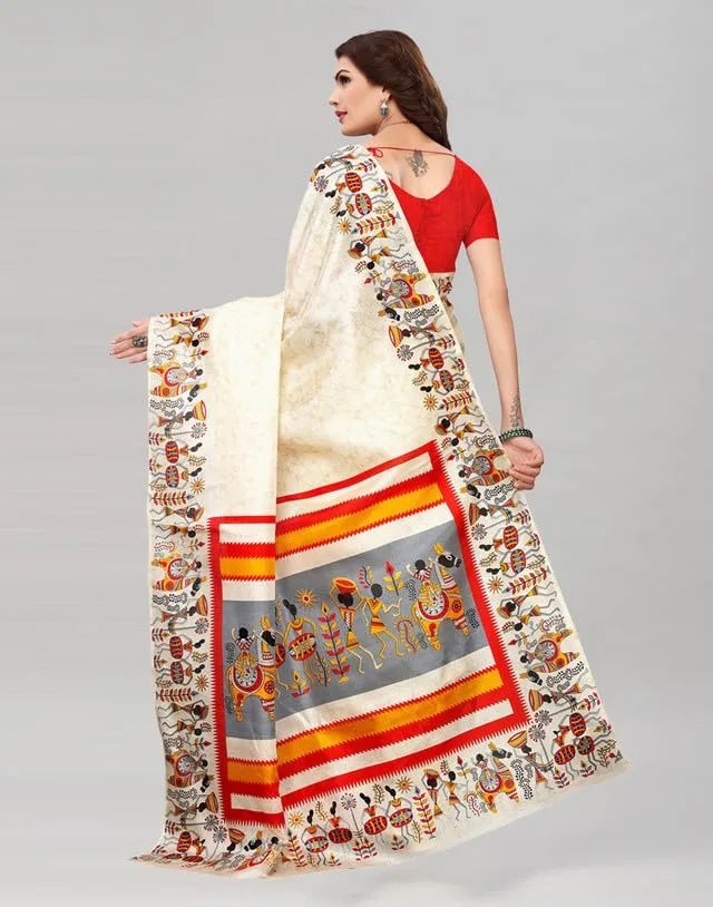 Women's Art Silk Printed Saree with Unstitched Blouse image 4