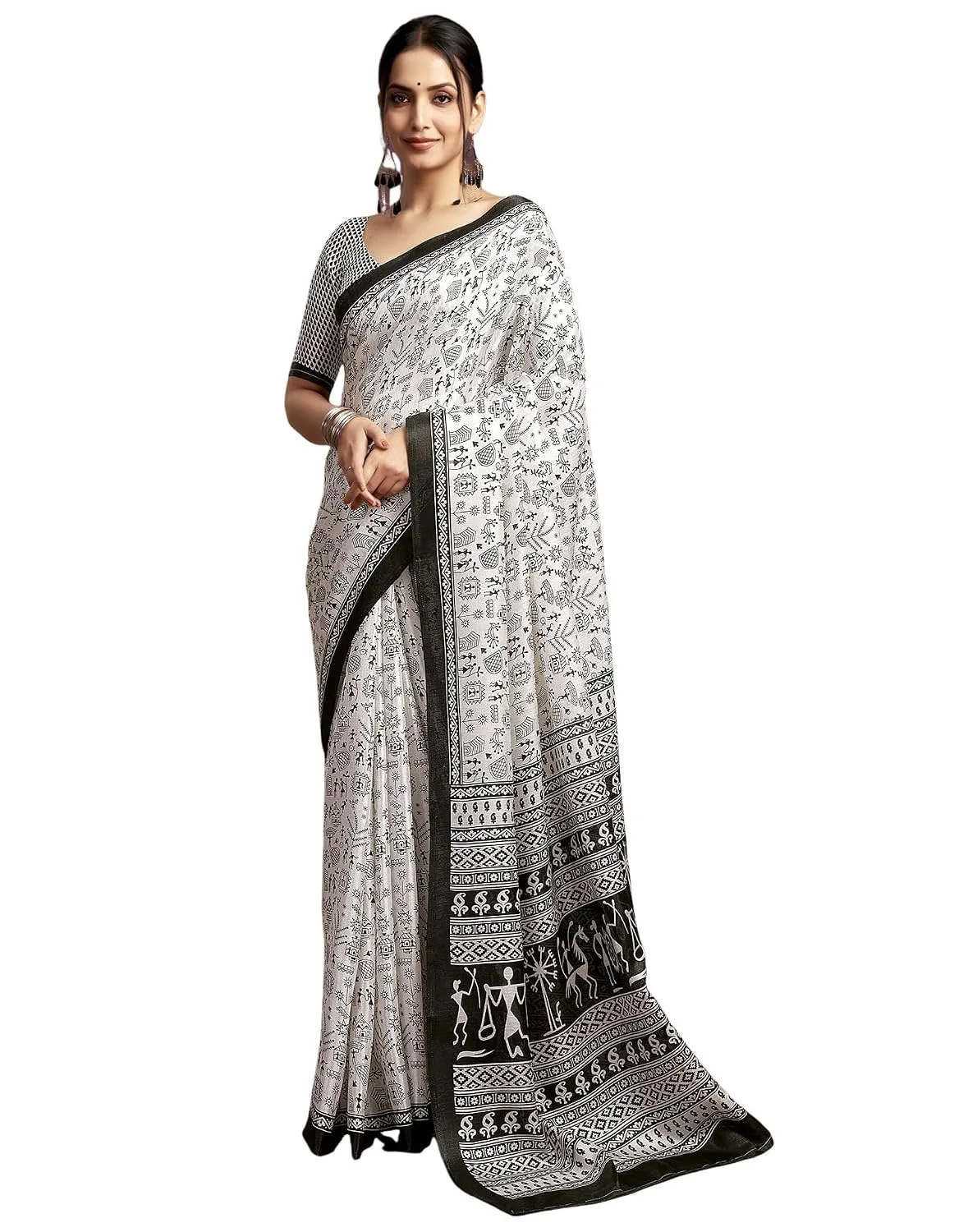 Women's Cotton Warli Printed Saree With Unstitched Blouse