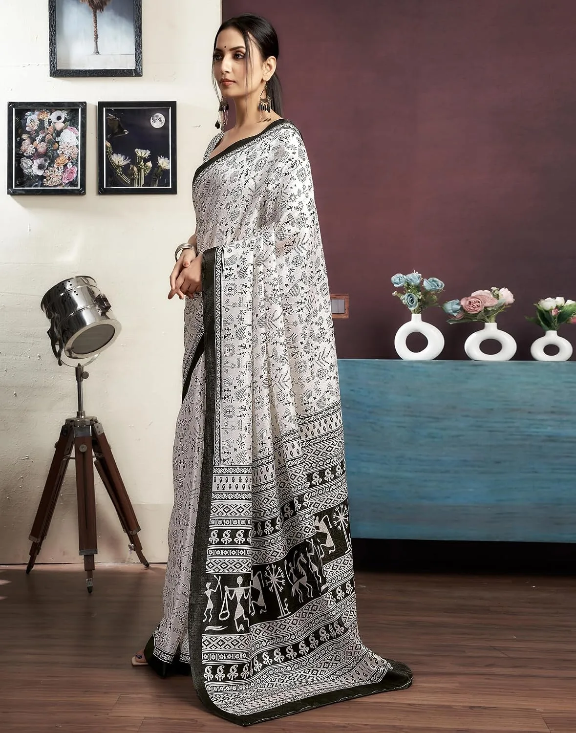 Women's Cotton Warli Printed Saree With Unstitched Blouse image 2