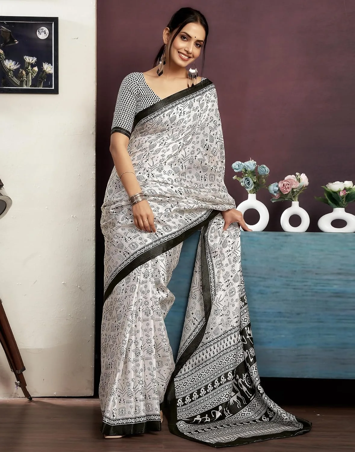 Women's Cotton Warli Printed Saree With Unstitched Blouse image 3