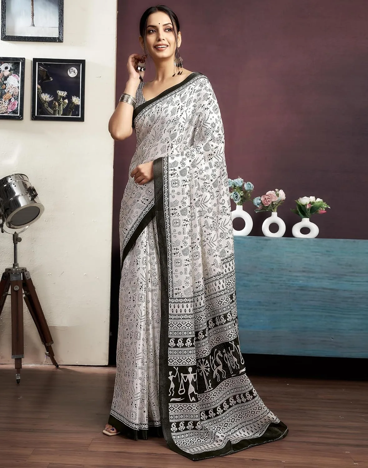 Women's Cotton Warli Printed Saree With Unstitched Blouse image 4