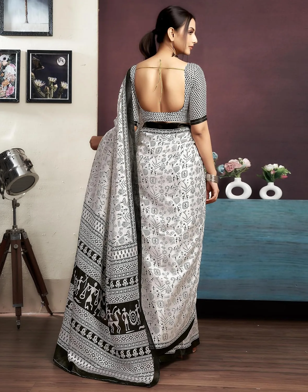 Women's Cotton Warli Printed Saree With Unstitched Blouse image 5