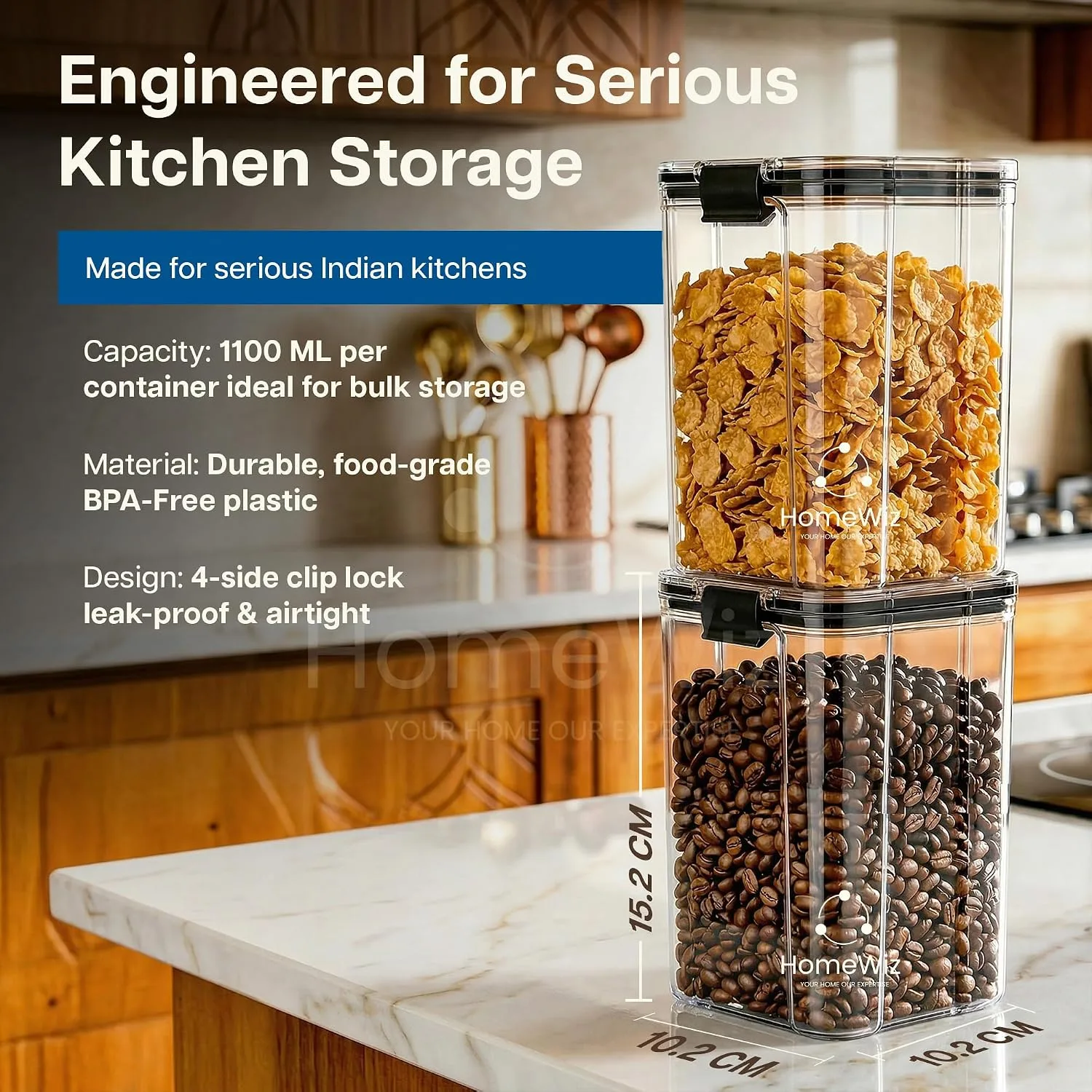 Buy HomeWiz Airtight Kitchen Storage Box 1200ml x8 | Containers For Kitchen Storage Set | Food Grade BPA-Free Kitchen Containers Set With 2 Side Clip-Lock | Stackable, For Pantry and Fridge Storage Online at Low Prices in India image 2