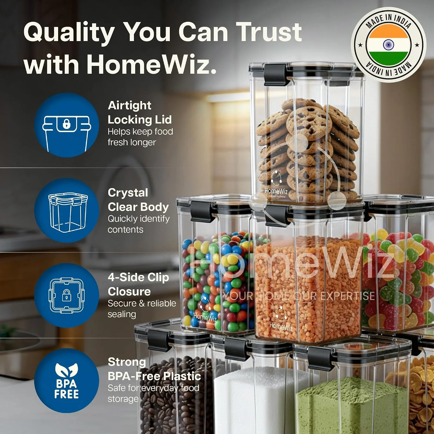 Buy HomeWiz Airtight Kitchen Storage Box 1200ml x8 | Containers For Kitchen Storage Set | Food Grade BPA-Free Kitchen Containers Set With 2 Side Clip-Lock | Stackable, For Pantry and Fridge Storage Online at Low Prices in India image 3