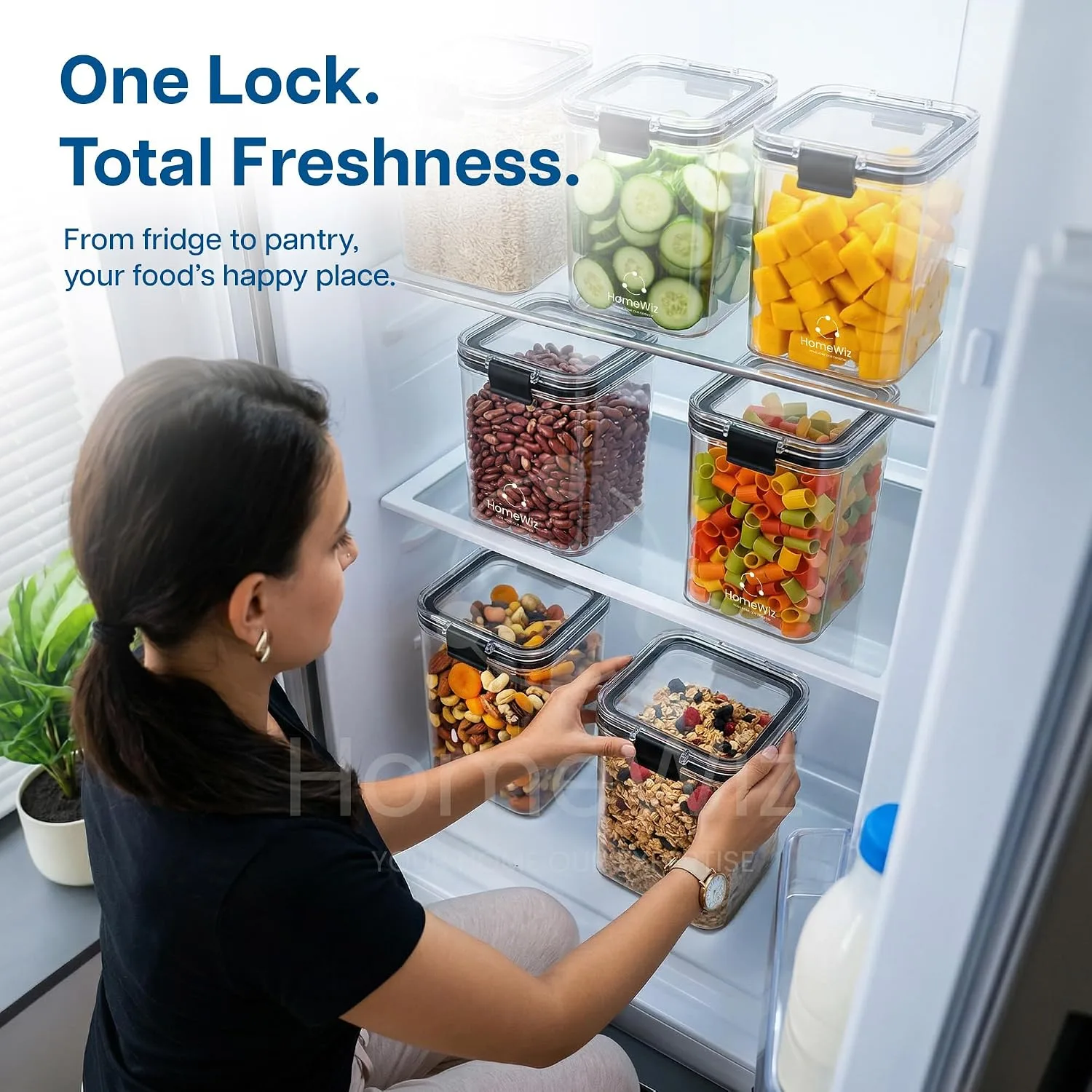 Buy HomeWiz Airtight Kitchen Storage Box 1200ml x8 | Containers For Kitchen Storage Set | Food Grade BPA-Free Kitchen Containers Set With 2 Side Clip-Lock | Stackable, For Pantry and Fridge Storage Online at Low Prices in India image 6