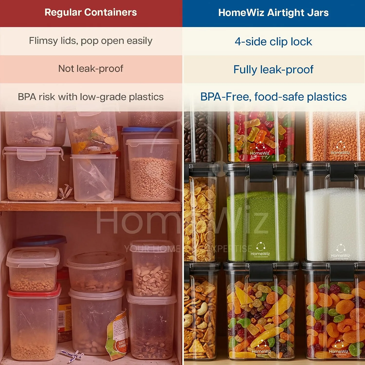 Buy HomeWiz Airtight Kitchen Storage Box 1200ml x8 | Containers For Kitchen Storage Set | Food Grade BPA-Free Kitchen Containers Set With 2 Side Clip-Lock | Stackable, For Pantry and Fridge Storage Online at Low Prices in India image 7