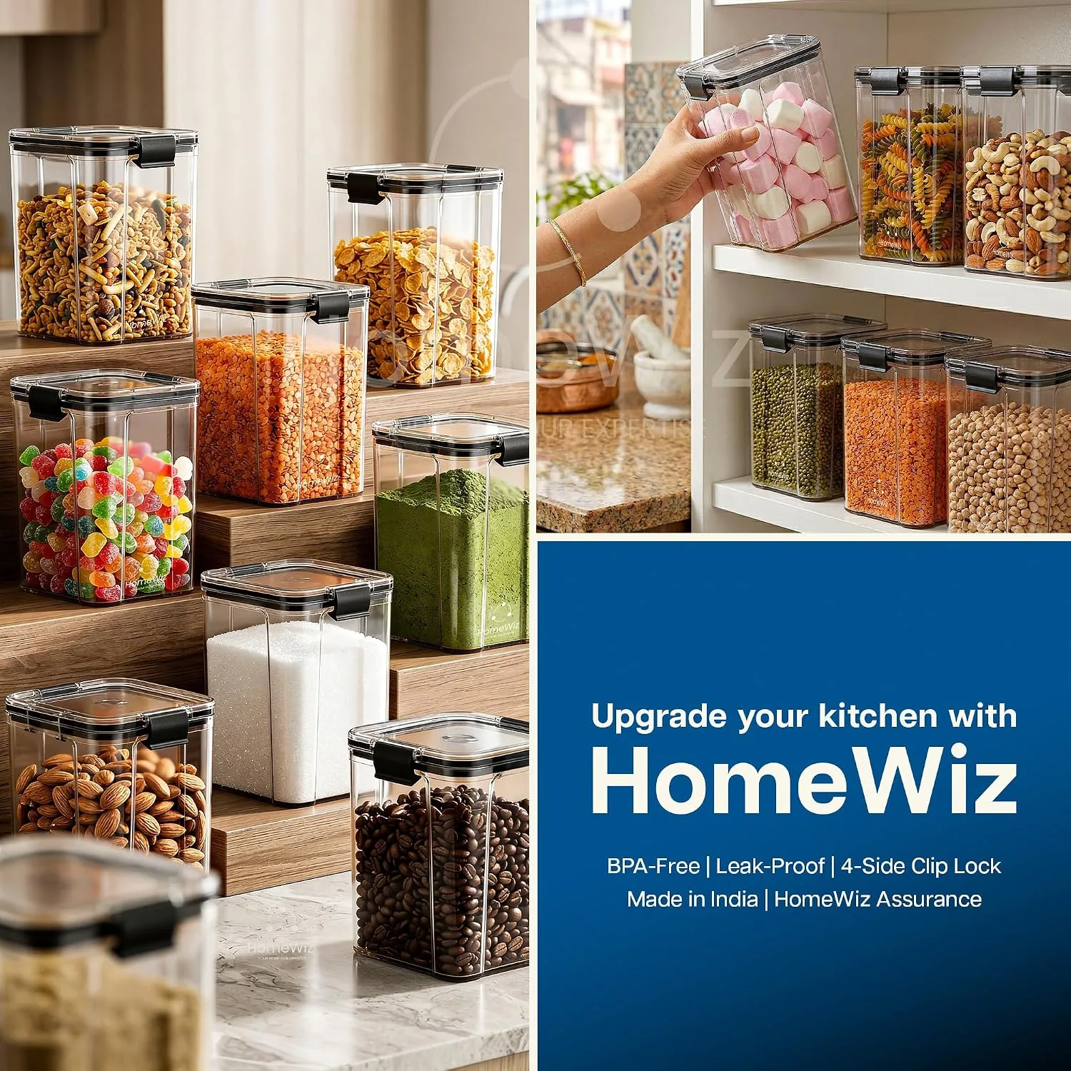 Buy HomeWiz Airtight Kitchen Storage Box 1200ml x8 | Containers For Kitchen Storage Set | Food Grade BPA-Free Kitchen Containers Set With 2 Side Clip-Lock | Stackable, For Pantry and Fridge Storage Online at Low Prices in India image 8