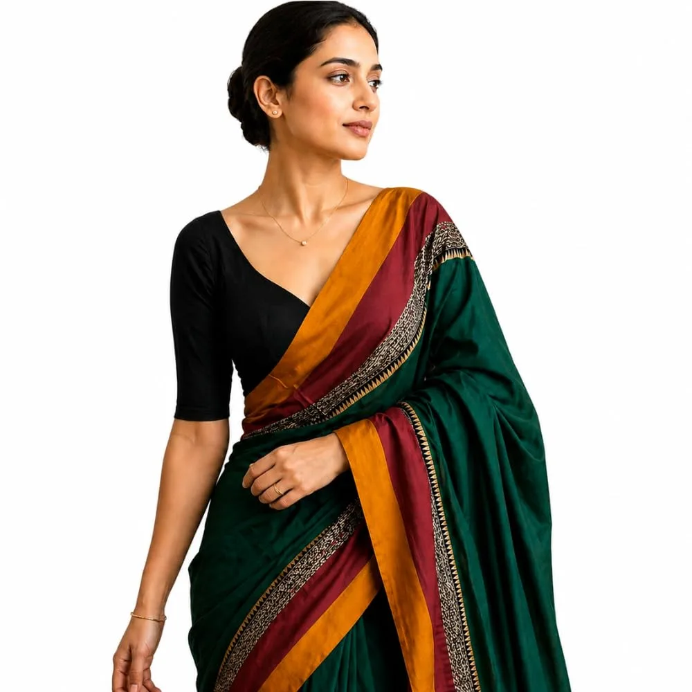 Cotton Saree for Women Green Plain Body with Contrast Red & Mustard Pallu buy at nearme.com.np