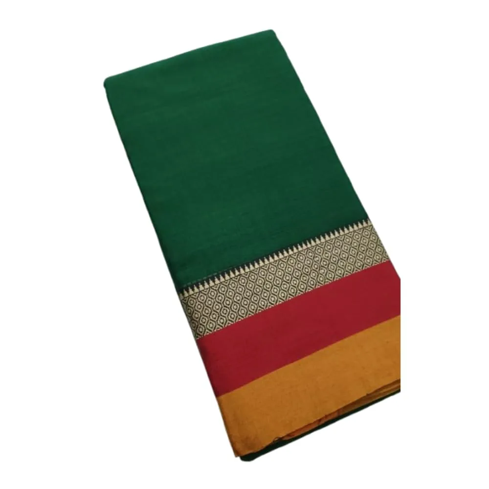 Buy Narayanpet Cotton Saree for Women | Green Plain Body with Contrast Red & Mustard Pallu | Traditional Border South Indian Handloom | Festive & Office Wear | Premium Ethnic Drape at nearme.com.np image 2