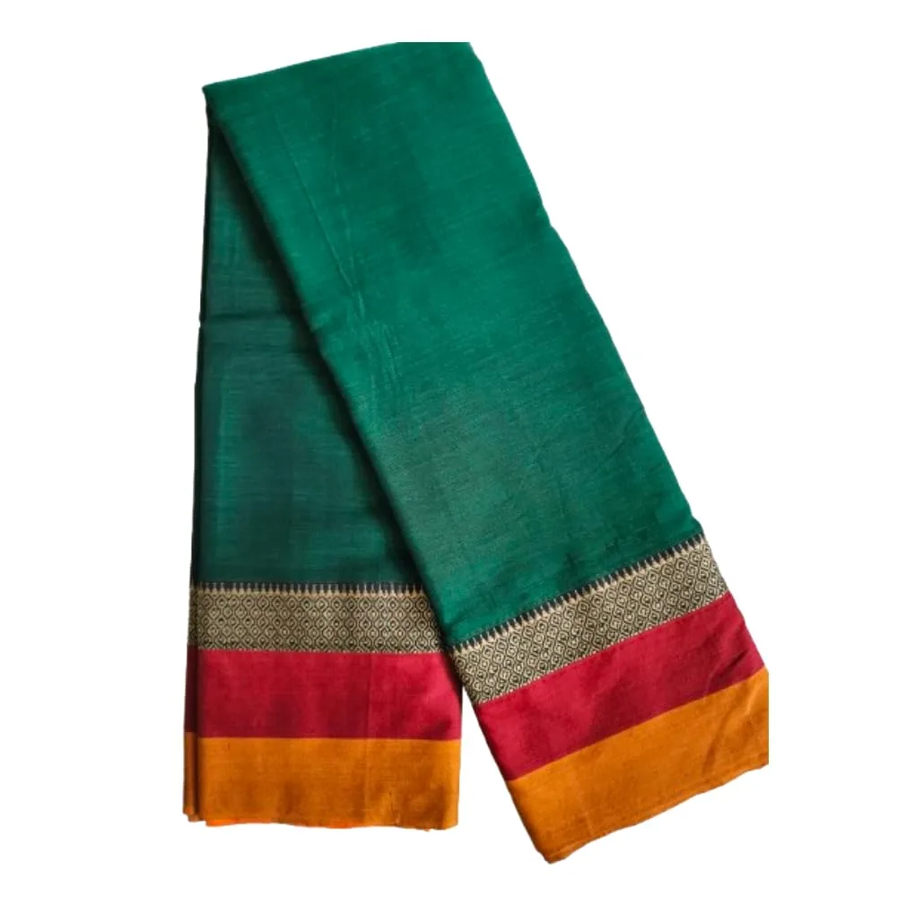 Buy Narayanpet Cotton Saree for Women | Green Plain Body with Contrast Red & Mustard Pallu | Traditional Border South Indian Handloom | Festive & Office Wear | Premium Ethnic Drape at nearme.com.np image 3