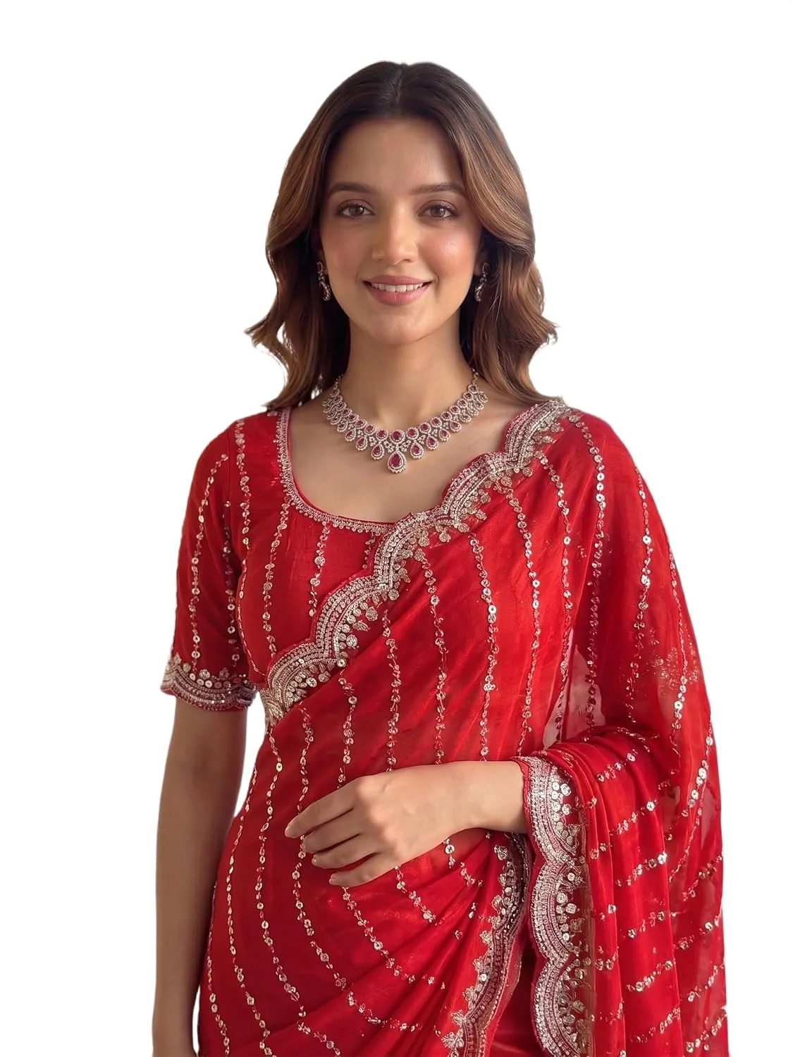 Women's Sequin Embroidered Saree with Scalloped Border, Unstitched Blouse Piece (Red) at nearme.com.np