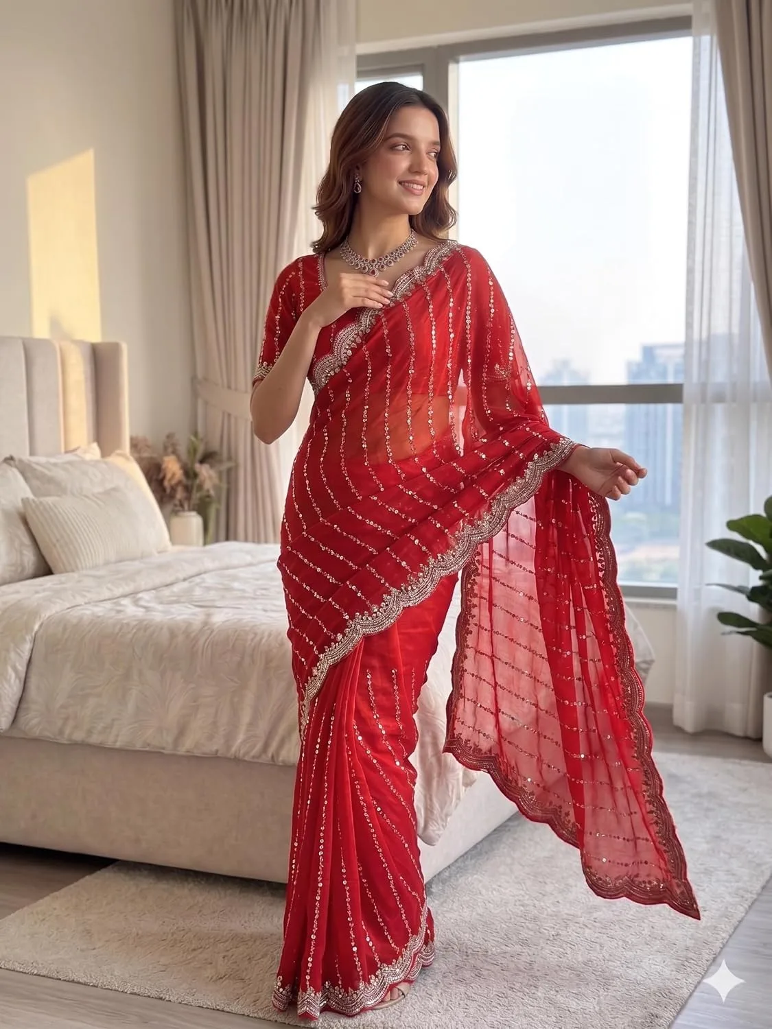 Women's Sequin Embroidered Saree with Scalloped Border, Unstitched Blouse Piece (Red) at nearme.com.np image 2