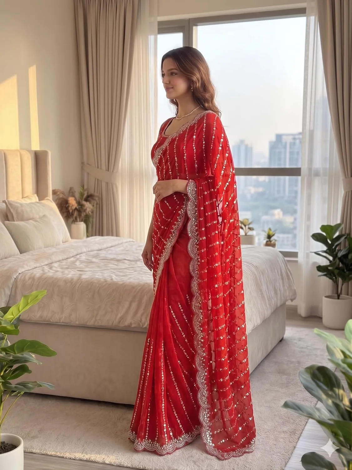Women's Sequin Embroidered Saree with Scalloped Border, Unstitched Blouse Piece (Red) at nearme.com.np image 3
