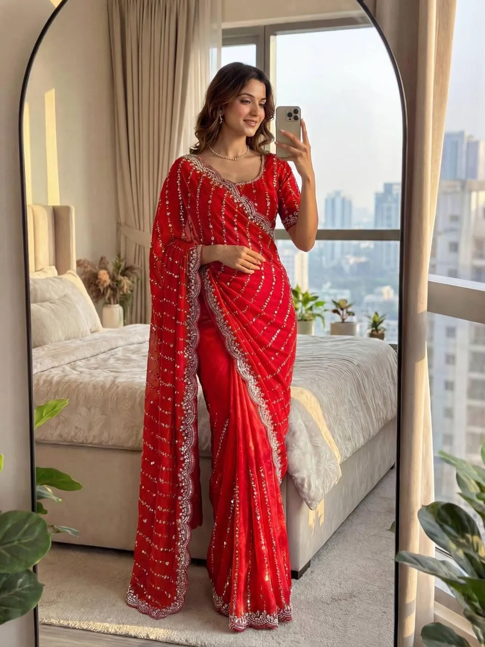 Women's Sequin Embroidered Saree with Scalloped Border, Unstitched Blouse Piece (Red) at nearme.com.np image 5