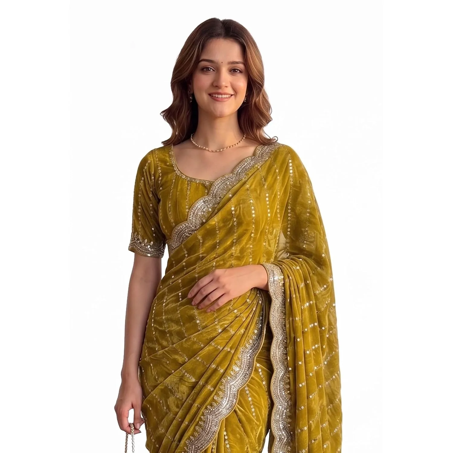 Women's Sequin Embroidered Saree with Scalloped Border, Unstitched Blouse Piece (Red) at nearme.com.np image 6
