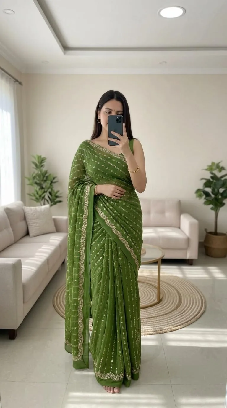 Buy NIRLABH RADHA Women’s Embroidery Work Saree with Designer Border, Festive and Traditional Ethnic Saree with Detailed Thread Work and Elegant Drape Style (Green) at nearme.com.np image 2