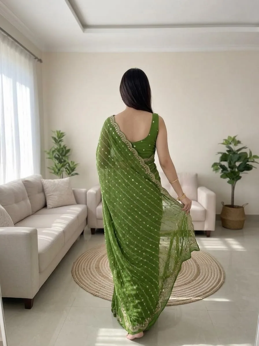 Buy NIRLABH RADHA Women’s Embroidery Work Saree with Designer Border, Festive and Traditional Ethnic Saree with Detailed Thread Work and Elegant Drape Style (Green) at nearme.com.np image 4