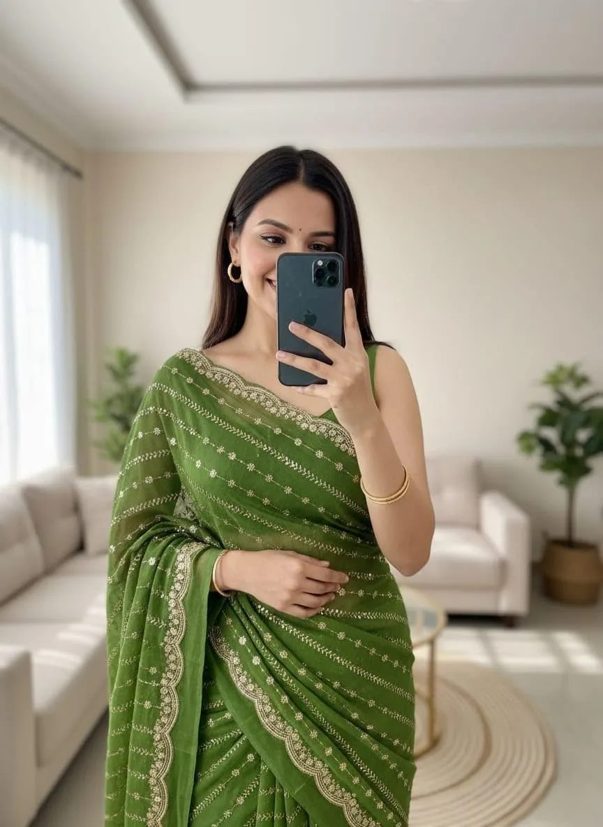 Buy NIRLABH RADHA Women’s Embroidery Work Saree with Designer Border, Festive and Traditional Ethnic Saree with Detailed Thread Work and Elegant Drape Style (Green) at nearme.com.np image 5