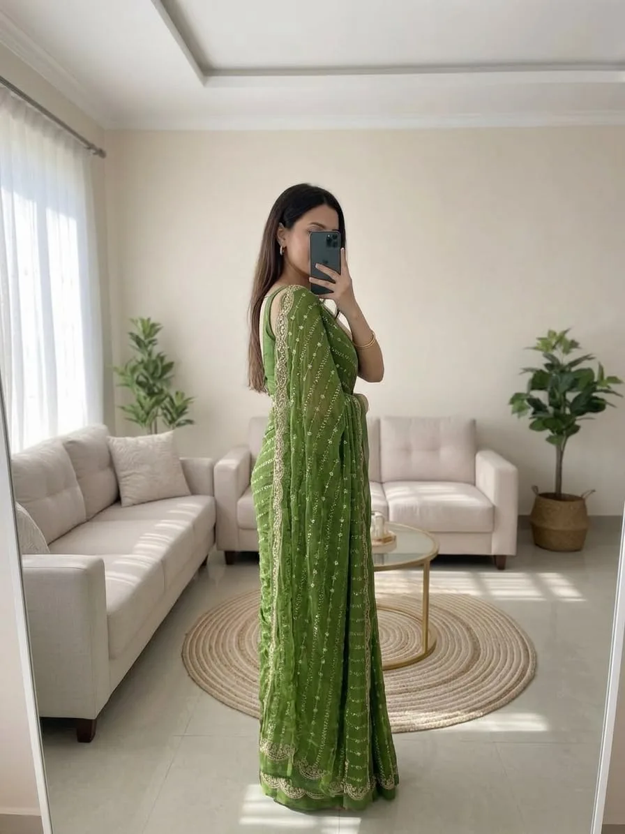 Buy NIRLABH RADHA Women’s Embroidery Work Saree with Designer Border, Festive and Traditional Ethnic Saree with Detailed Thread Work and Elegant Drape Style (Green) at nearme.com.np image 6