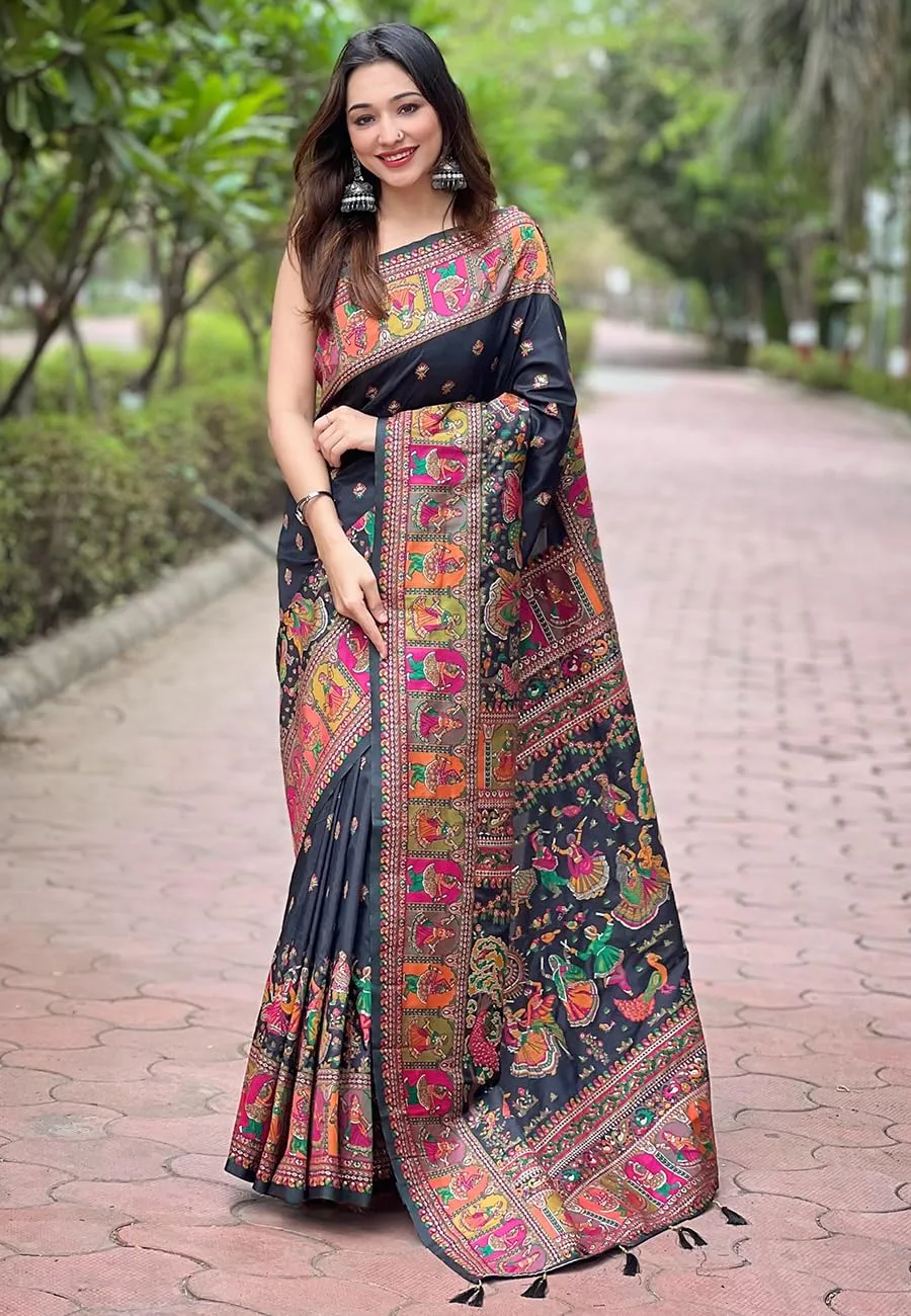 Buy SGF11 Women's Kanjivaram Pure Soft Silk Saree With Unstitched Blouse Piece (Black) at nearme.com.np image 2