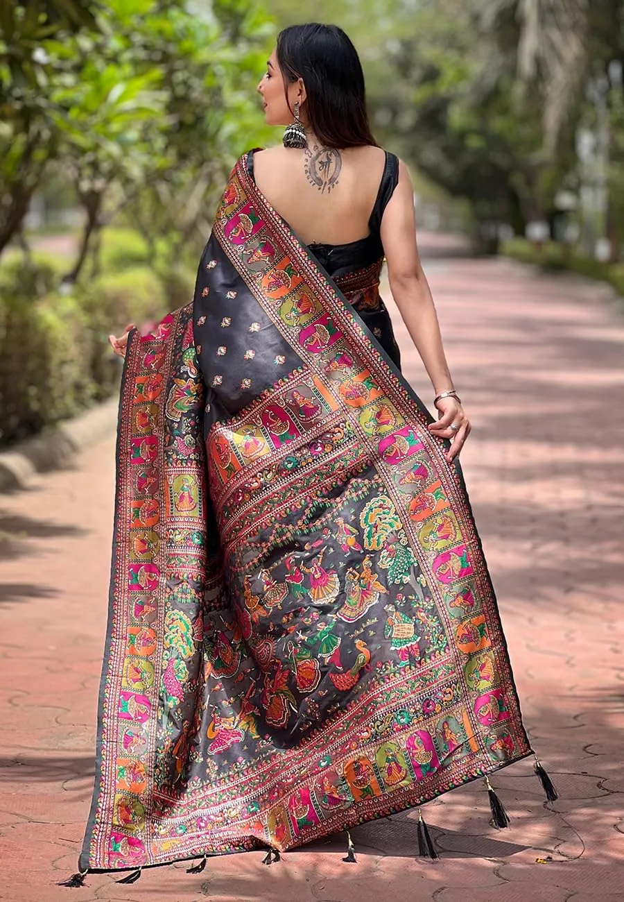 Buy SGF11 Women's Kanjivaram Pure Soft Silk Saree With Unstitched Blouse Piece (Black) at nearme.com.np image 4