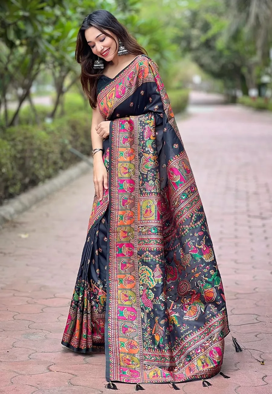 Buy SGF11 Women's Kanjivaram Pure Soft Silk Saree With Unstitched Blouse Piece (Black) at nearme.com.np image 5