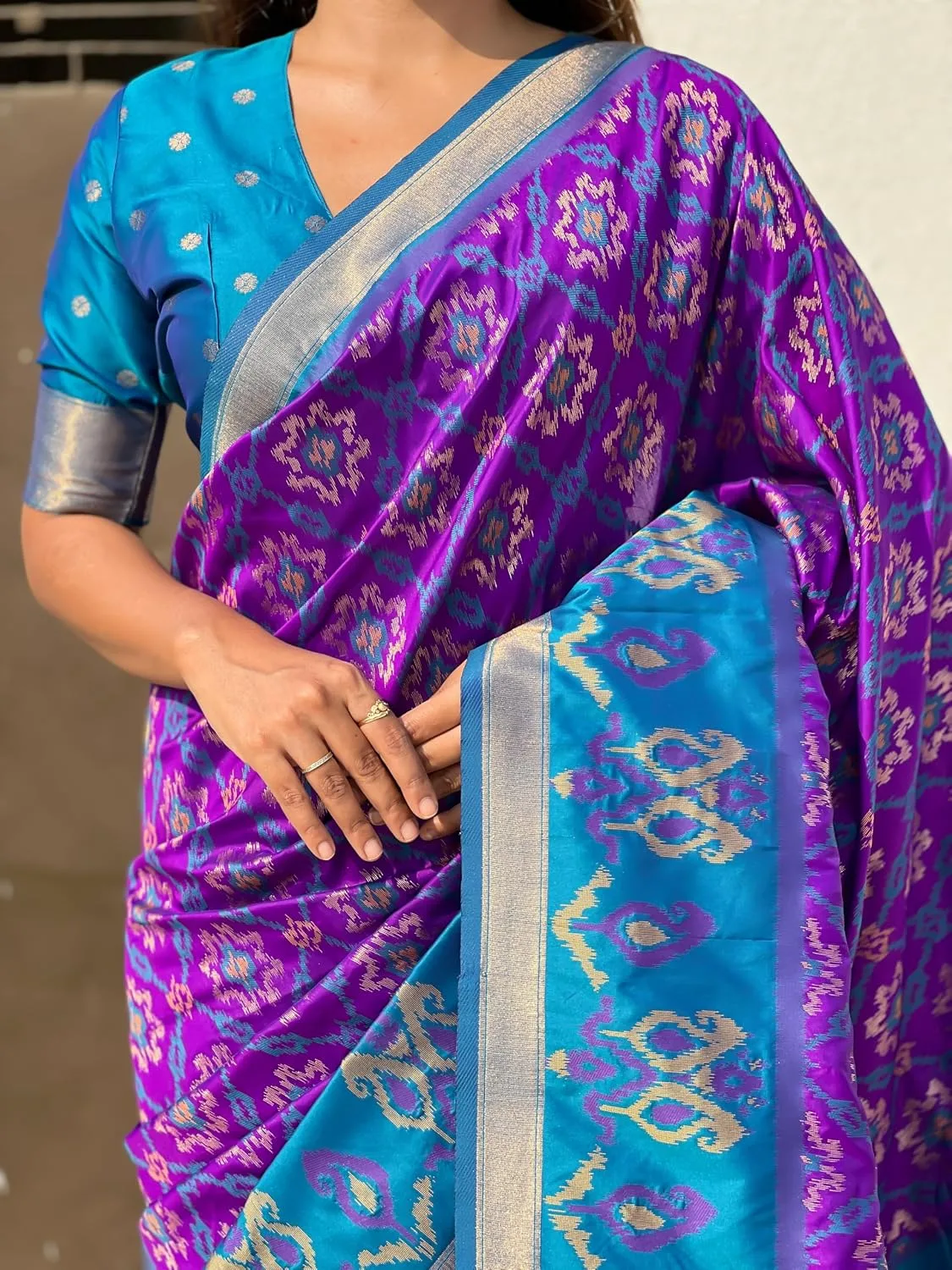 Buy SGF11 Women's Kanjivaram Patola Soft Pure Silk Sarees With Unstitched Blouse Piece (Violet LightBlue) at nearme.com.np image 5