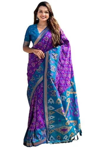 Buy SGF11 Women's Kanjivaram Patola Soft Pure Silk Sarees With Unstitched Blouse Piece (Violet LightBlue) at nearme.com.np image 8 — Violet LightBlue