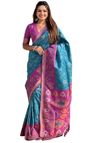 Buy SGF11 Women's Kanjivaram Patola Soft Pure Silk Sarees With Unstitched Blouse Piece (Violet LightBlue) at nearme.com.np image 9 — Blue Pink