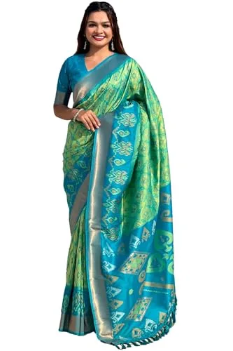 Buy SGF11 Women's Kanjivaram Patola Soft Pure Silk Sarees With Unstitched Blouse Piece (Violet LightBlue) at nearme.com.np image 10 — Green Blue