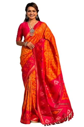 Buy SGF11 Women's Kanjivaram Patola Soft Pure Silk Sarees With Unstitched Blouse Piece (Violet LightBlue) at nearme.com.np image 11 — Orange Pink