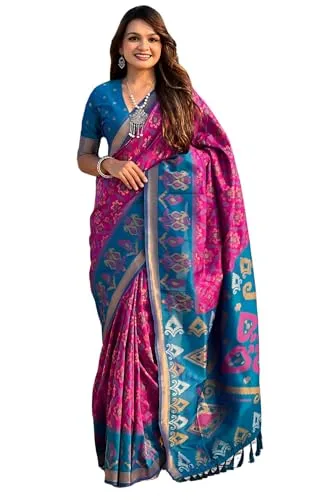Buy SGF11 Women's Kanjivaram Patola Soft Pure Silk Sarees With Unstitched Blouse Piece (Violet LightBlue) at nearme.com.np image 12 — Pink Blue
