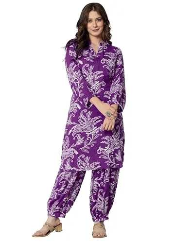 Buy rytras Women's Pure Cotton Printed Straight Kurta Set with Palazzo Pants - Ethnic Wear, Pink(RYT590-New,XXL) at nearme.com.np image 10 — Deep Purple