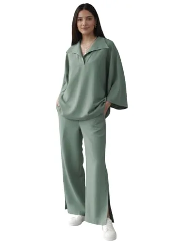 Buy GRECIILOOKS Co Ord Set for Women Stylish | Linen Cord Set for Women – Oversized Top and Wide Leg Pants Set for Woman's | Casual Travel Airport Outfit for Summer Co-ord Set | Dress for Woman at nearme.com.np image 8 — Olive Green