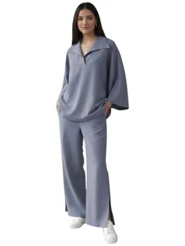 Buy GRECIILOOKS Co Ord Set for Women Stylish | Linen Cord Set for Women – Oversized Top and Wide Leg Pants Set for Woman's | Casual Travel Airport Outfit for Summer Co-ord Set | Dress for Woman at nearme.com.np image 11 — Slate Gray