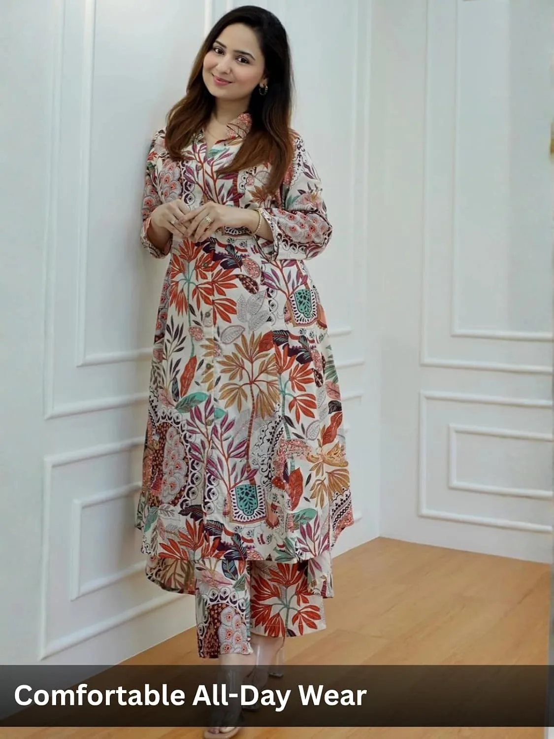 Buy GRECIILOOKS Women Cotton Blend Floral Standard Length Kurti Festive Regular Fit Kurta Set (GL-k2716&P138_Multicolour_XL) at nearme.com.np image 2