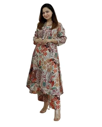 Buy GRECIILOOKS Women Cotton Blend Floral Standard Length Kurti Festive Regular Fit Kurta Set (GL-k2716&P138_Multicolour_XL) at nearme.com.np image 9 — Multicolour