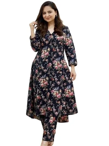 Buy GRECIILOOKS Women Cotton Blend Floral Standard Length Kurti Festive Regular Fit Kurta Set (GL-k2716&P138_Multicolour_XL) at nearme.com.np image 10 — BLACK1