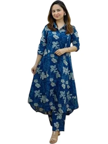Buy GRECIILOOKS Women Cotton Blend Floral Standard Length Kurti Festive Regular Fit Kurta Set (GL-k2716&P138_Multicolour_XL) at nearme.com.np image 12 — BLUE