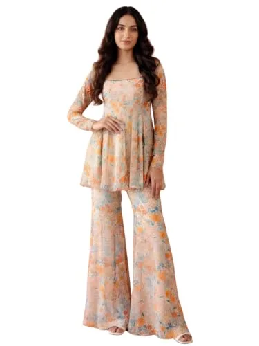 Buy GRECIILOOKS Women Printed Kurti Set with Sharara Pants | Ethnic Kurta Set for Women | Party Outfit Traditional Dress for Woman | Flared Palazzo Kurta Set at nearme.com.np image 8 — Beige